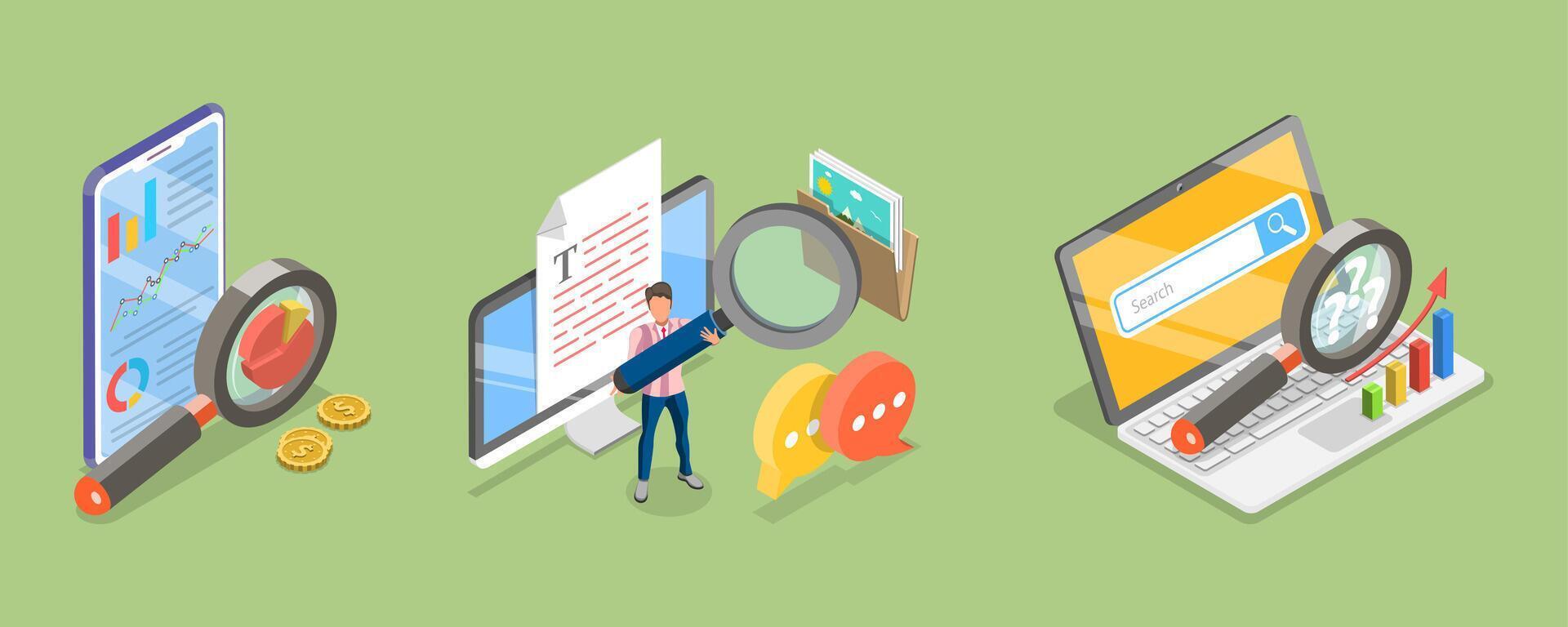 3D Isometric Flat Illustration of Seo Analysis, Digital Marketing, Search Engine Optimization vector