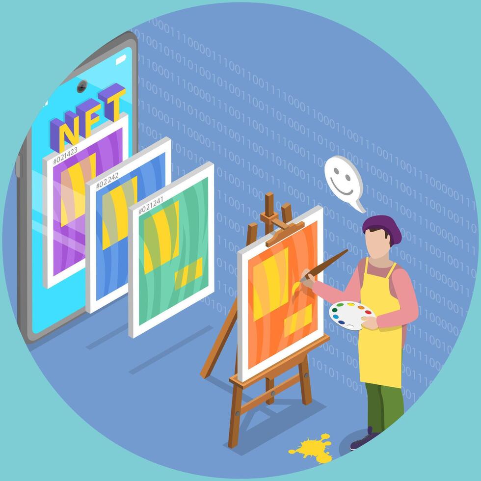 3D Isometric Flat Illustration of Non-fungible Token, NFT Token in Crypto Artwork vector