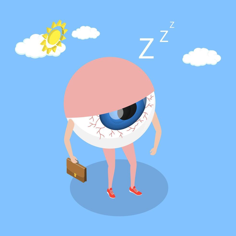 3D Isometric Flat Illustration of Sleep Disorder, Struggling With Fatigue And Insomnia, Red Eyes vector