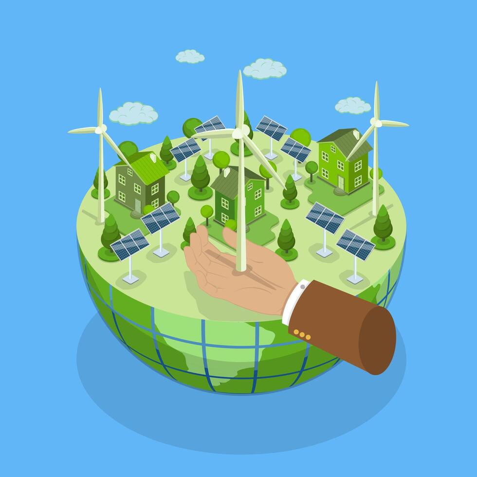 3D Isometric Flat Illustration of Renewable Energy, Innovative Power Generation With Solar Panels And Wind Turbines vector