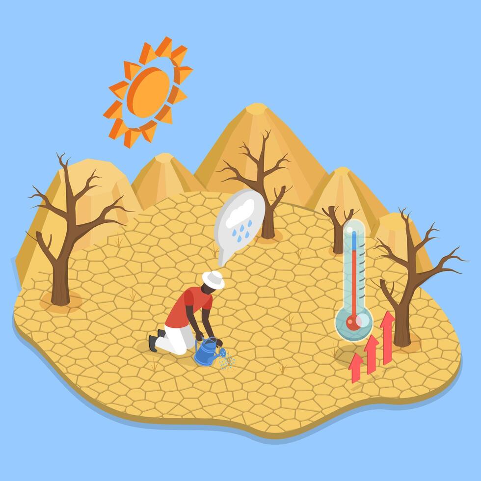 3D Isometric Flat Illustration of Drought, Extreme Wzeather Conditions, Lack of Rainfall vector