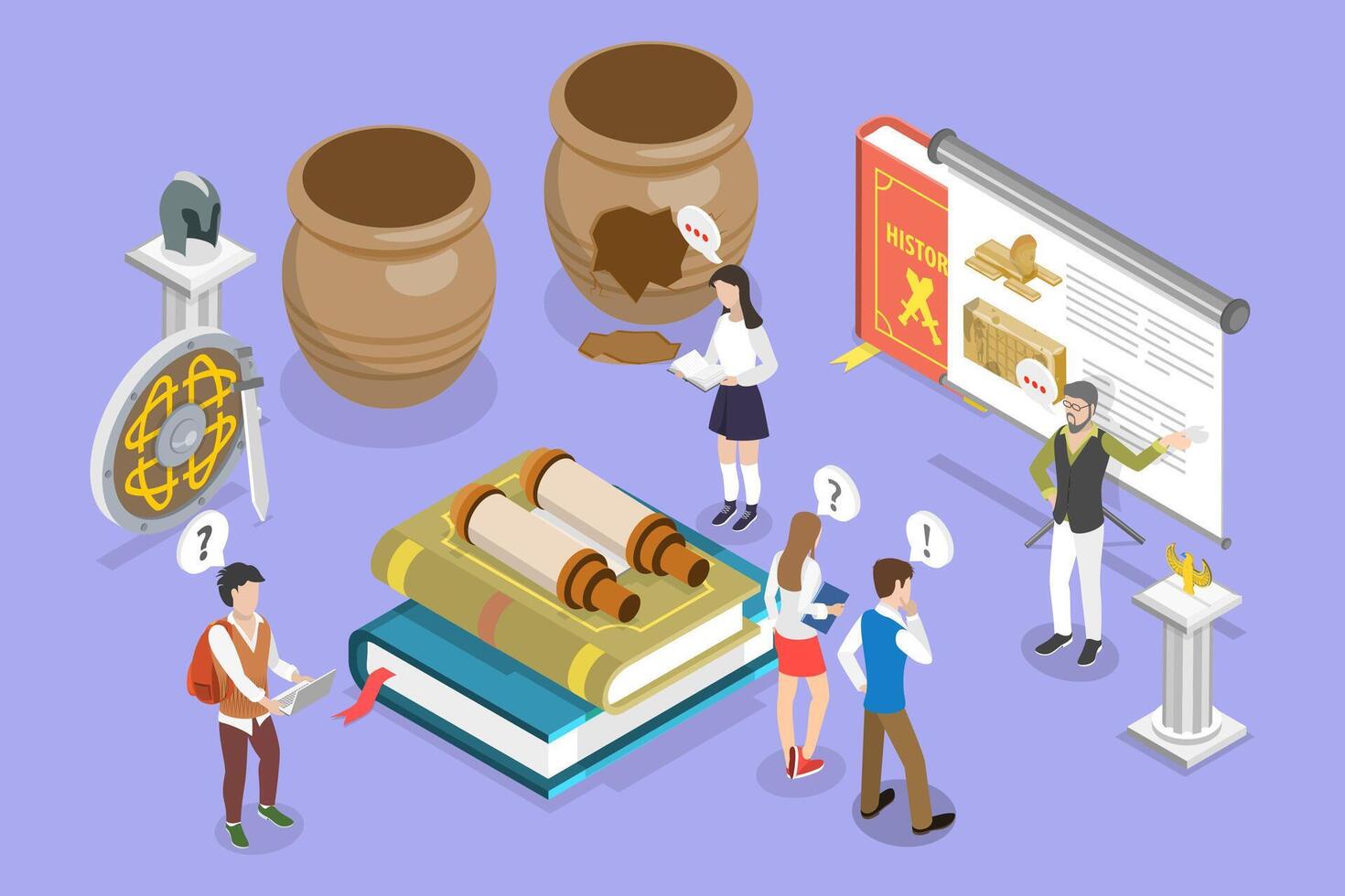 3D Isometric Flat Illustration of History School Subject, Study Of Past Events vector