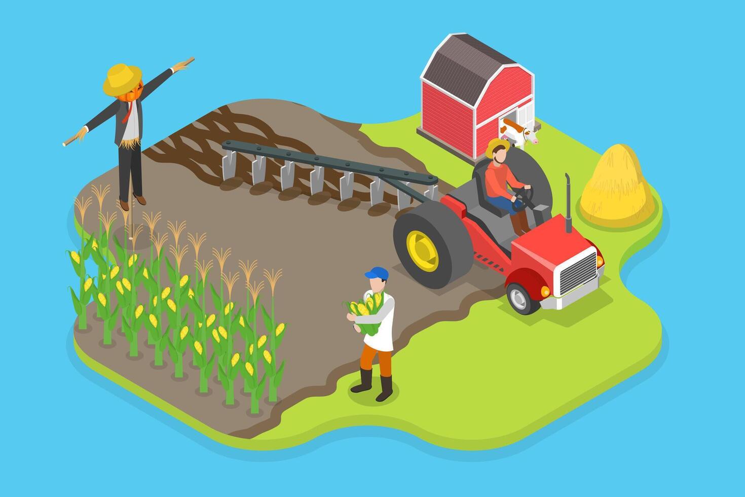 3D Isometric Flat Illustration of Agricultural Workers, Farming And Crop Production vector