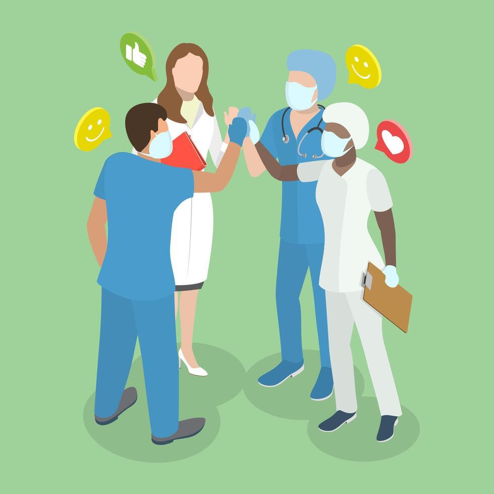 3D Isometric Flat Illustration of Hospital Team, Delighted Doctors Exchange Congratulations vector