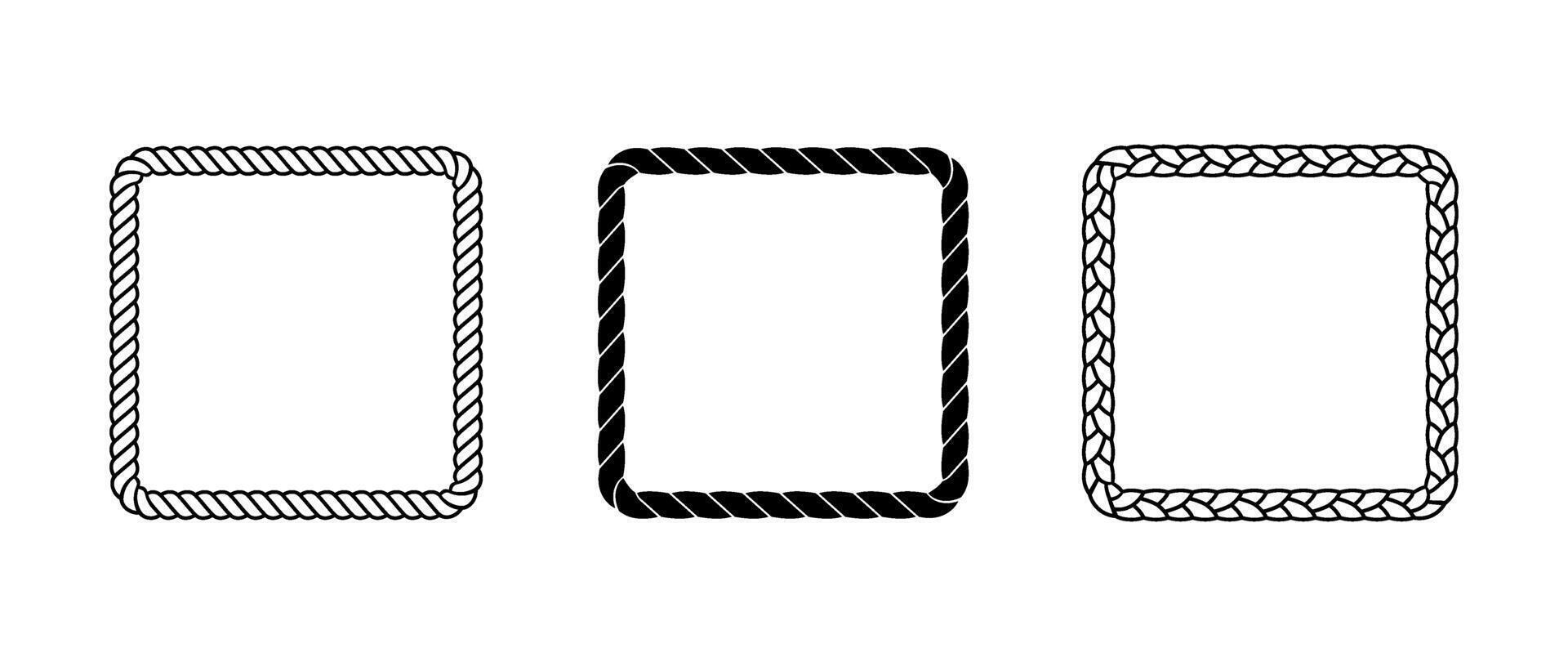 Set of rope frames. Squared cord border collection. Rectangular rope loop pack. Chain, braid or plait border bundle. Square design elements for decor, banner, poster, booklet. Decoration frames vector