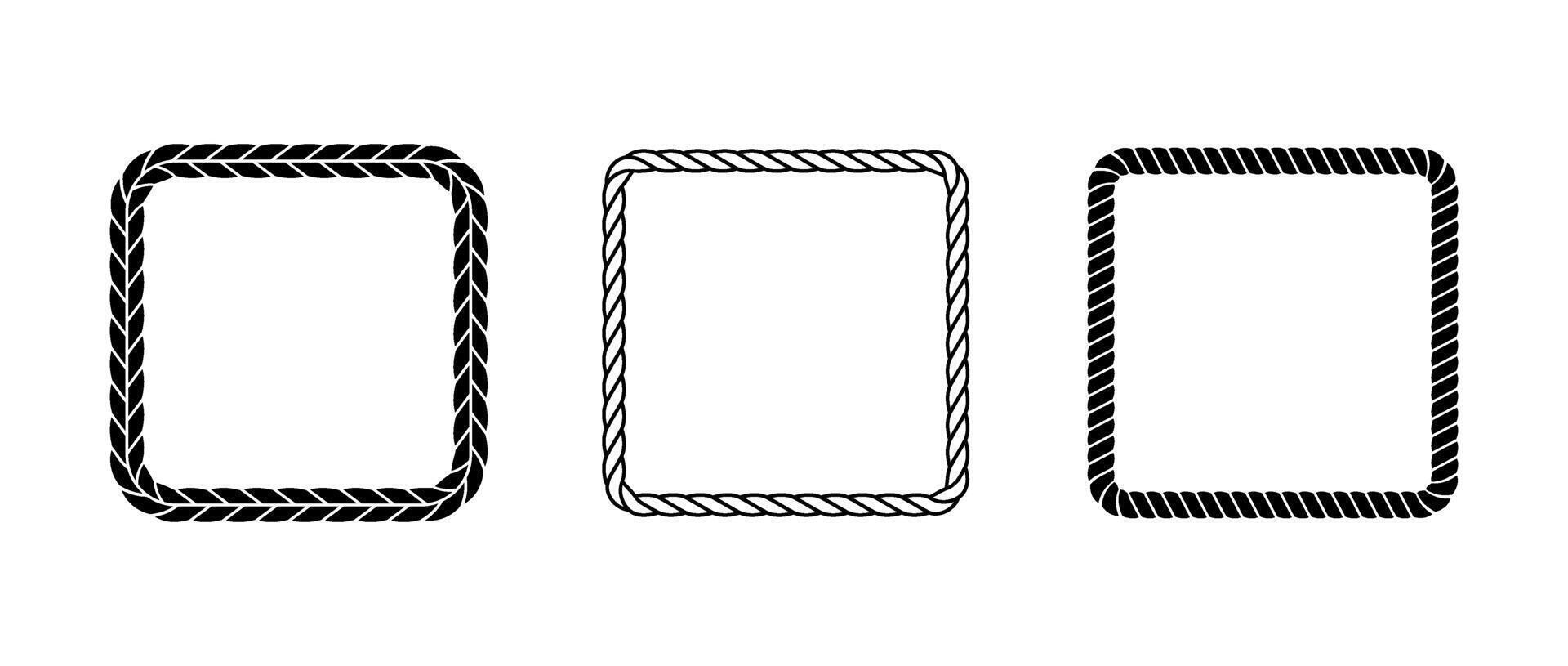 Set of rope frames. Squared cord border collection. Rectangular rope pack. Chain, braid or plait border bundle. Square design elements for decor, banner, poster, booklet. Decoration frames vector