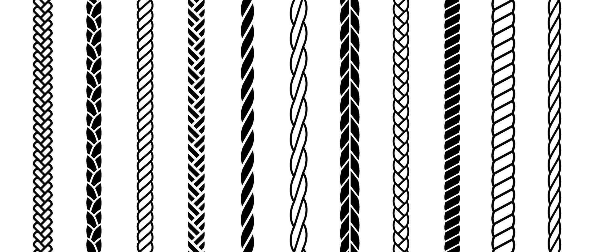 Repeating rope set. Seamless hemp cord line collection. Black chain, braid, plait stripe bundle. Vertical decorative plait pattern pack. Marine twine design elements for banner, poster, frame vector