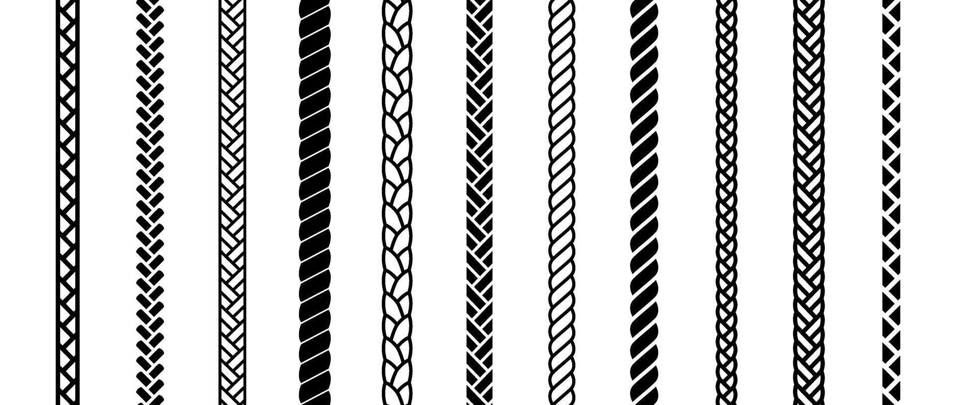 Repeating rope set. Seamless hemp cord lines collection. Black chain, braid, plait stripe bundle. Vertical decorative plait pattern pack. Marine twine design elements for banner, poster, frame vector
