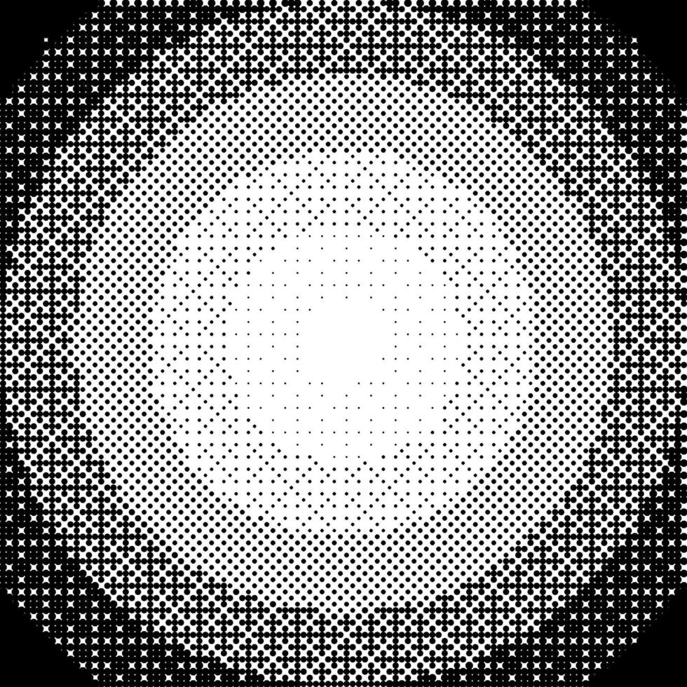 Radial pixelated gradient texture. Black and white dithered round gradation. Retro circle bitmap game background. Halftone 8 bit wallpaper. Vintage circular pixel art. Overlay backdrop vector