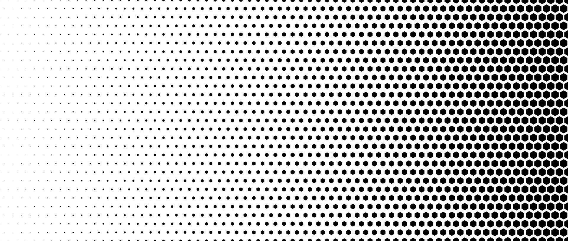 Hexagon halftone gradient texture. Abstract black and white hex gradation background. Geometric retro tech wallpaper. Fading hexagonal pattern backdrop. Vanishing honeycomb overlay vector