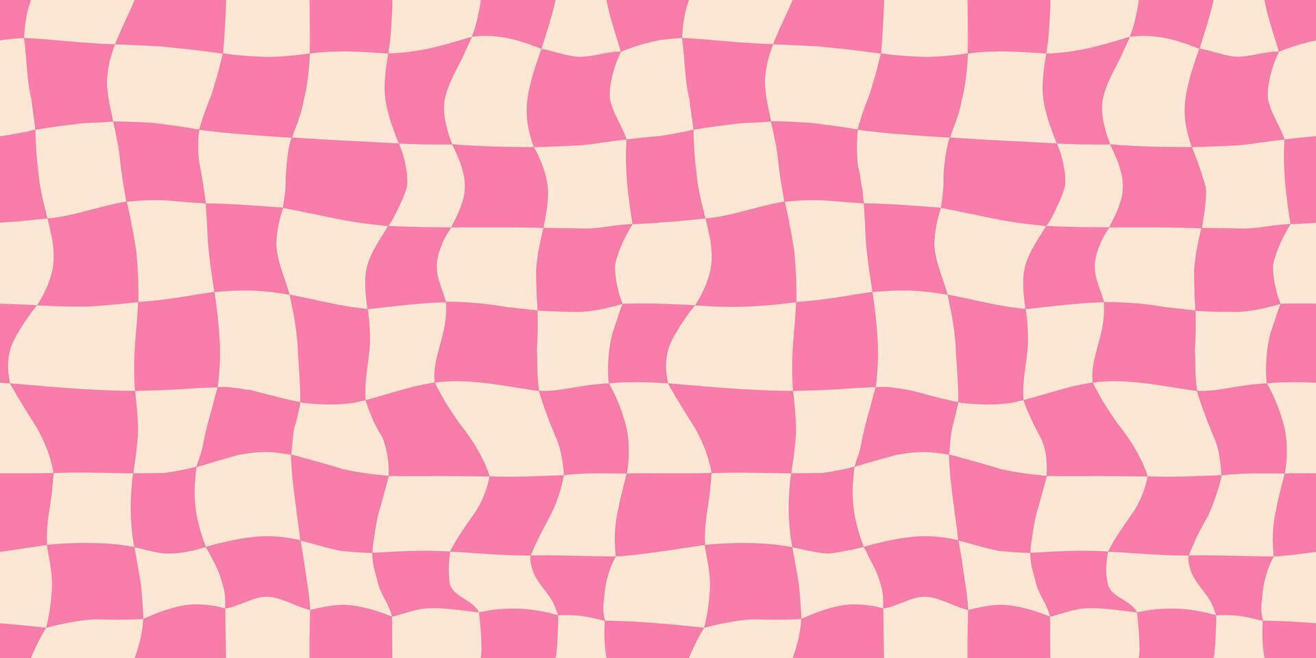 Seamless red checkerboard pattern. Repeating distorted checkered texture. Groovy trippy abstract background. Vintage retro style wallpaper for textile, fabric, wrapping paper. Check surface vector