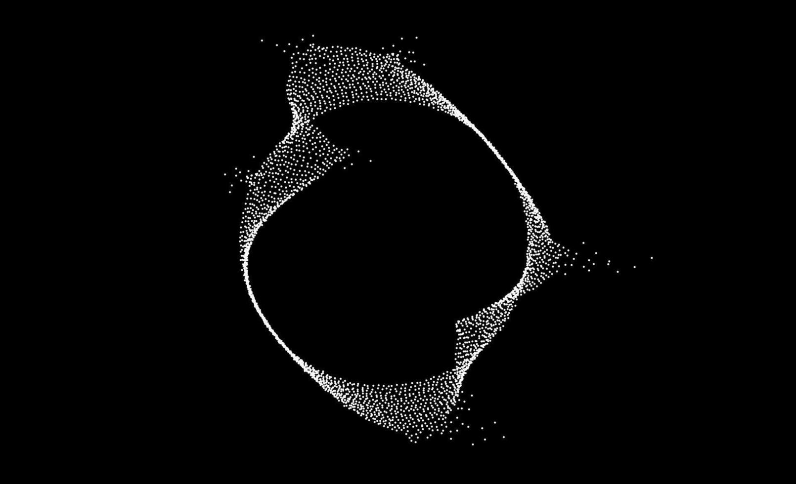 White dotted wavy lines with dissolve effect. Stipple disintegrating curved circle on black background. Halftone textured sphere with noise grain. Grunge dispersing particles, speckles. vector