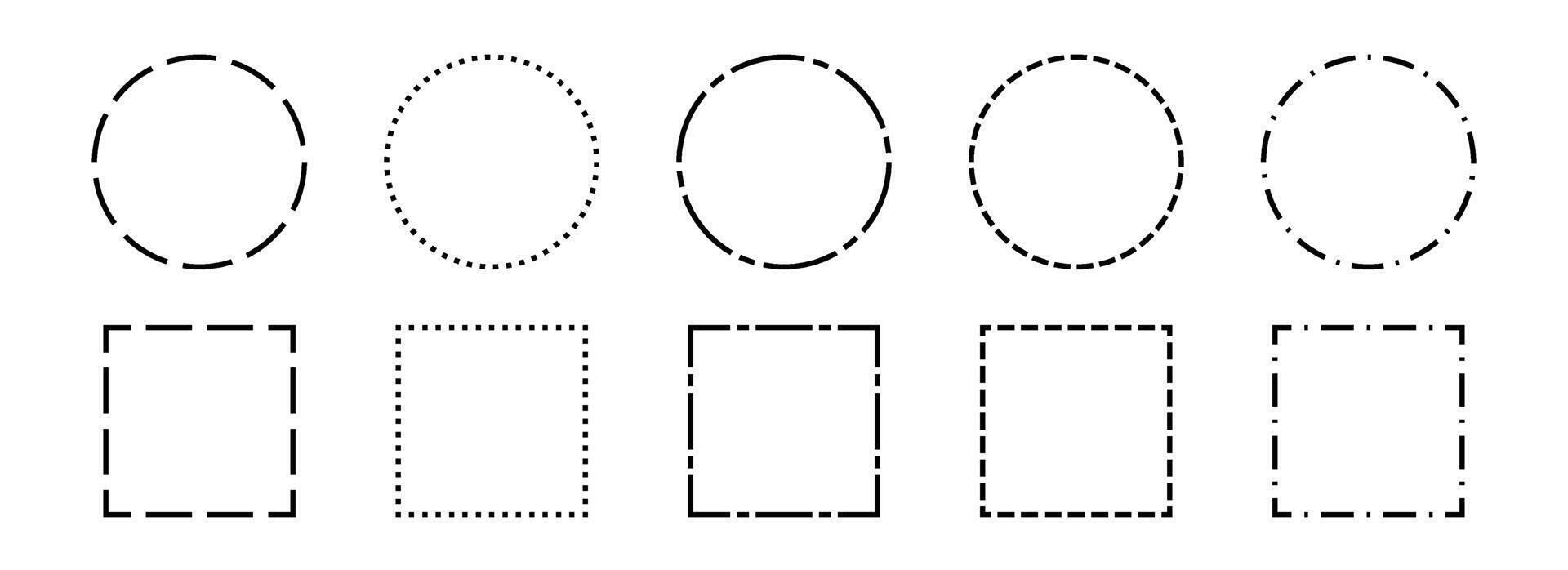Black dashed frame collection. Dashed outline circle and square border set. Geometric dotted rectangular and round shape pack. Outline cut out element design bundle for poster, banner, flyer. vector