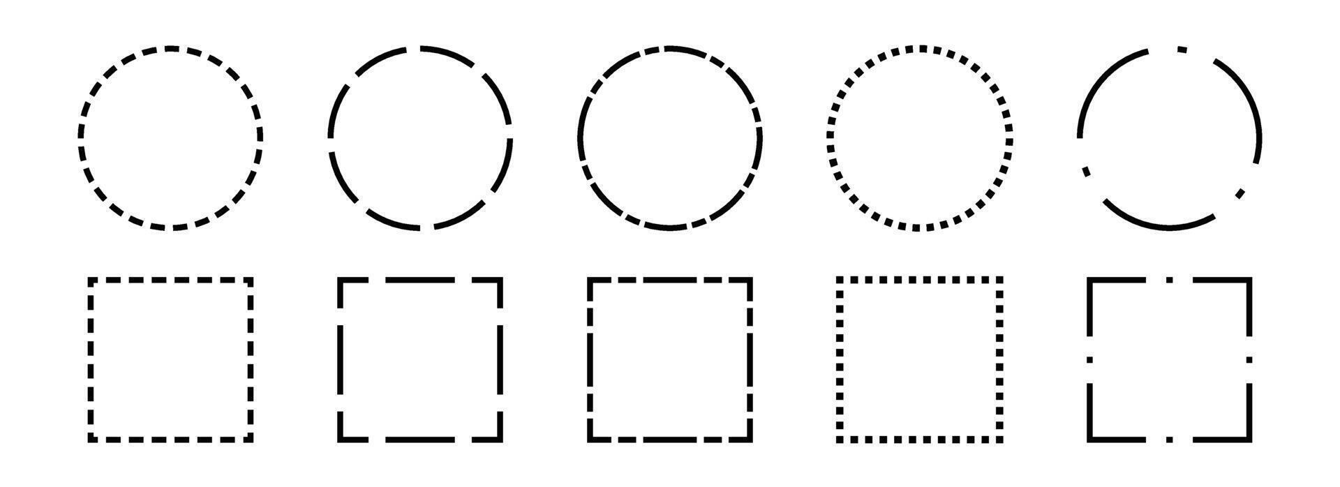 Black dashed frame collection. Dashed outline circle and square border set. Geometric dotted rectangular and round shape pack. Outline cut out element design bundle for poster, banner, flyer vector