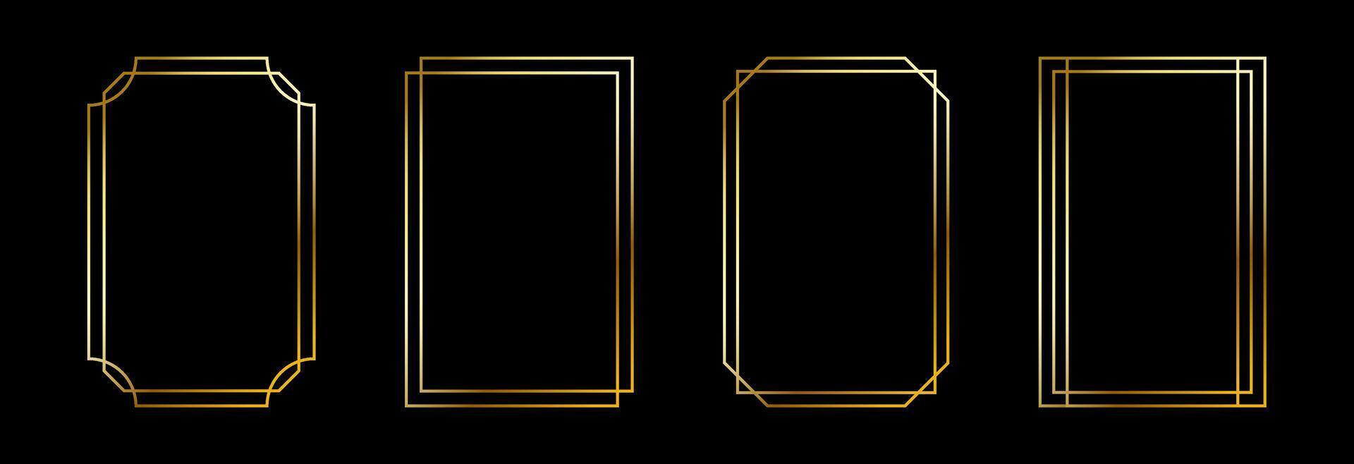 Thin golden frame set. Gold geometric border collection in art deco style. Thin linear shining rectangular shape bundle. Brass glowing shiny boarder element pack for photo, cadre, poster, card. vector