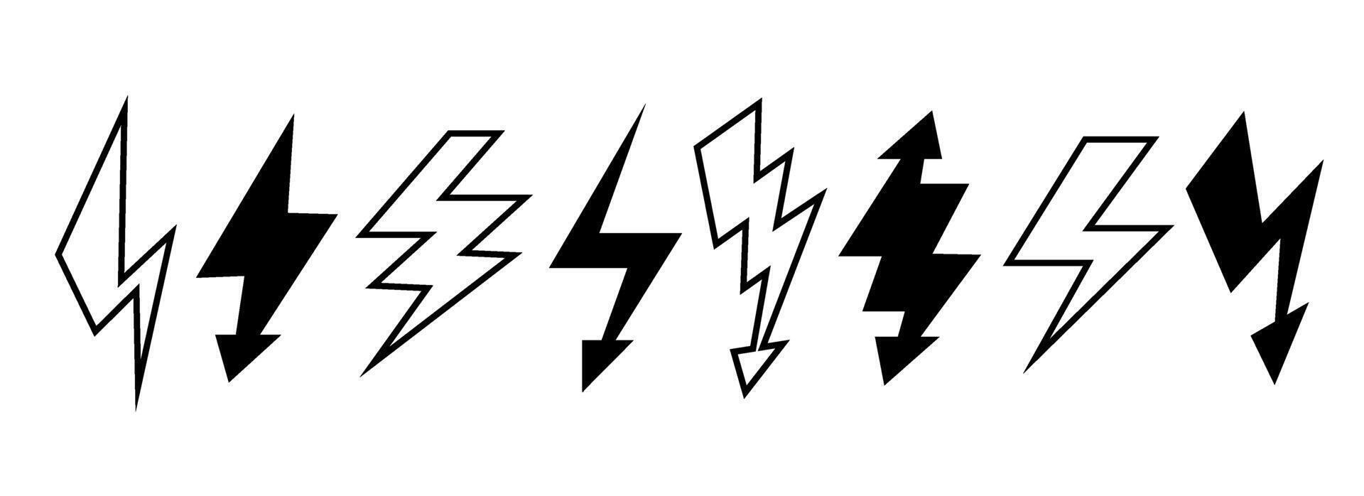 Black and white lightning bolts set. Thunder bolt symbols collection. Flash thunderbolt elements pack for poster, banner, graphic design, card. Strike arrow signs bundle. vector