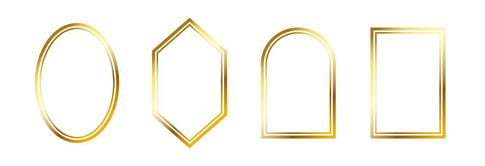Thin golden frame set. Gold geometric border collection in art deco style. Thin linear shining rectangular shape bundle. Brass glowing shiny boarder element pack for photo, cadre, poster, card vector