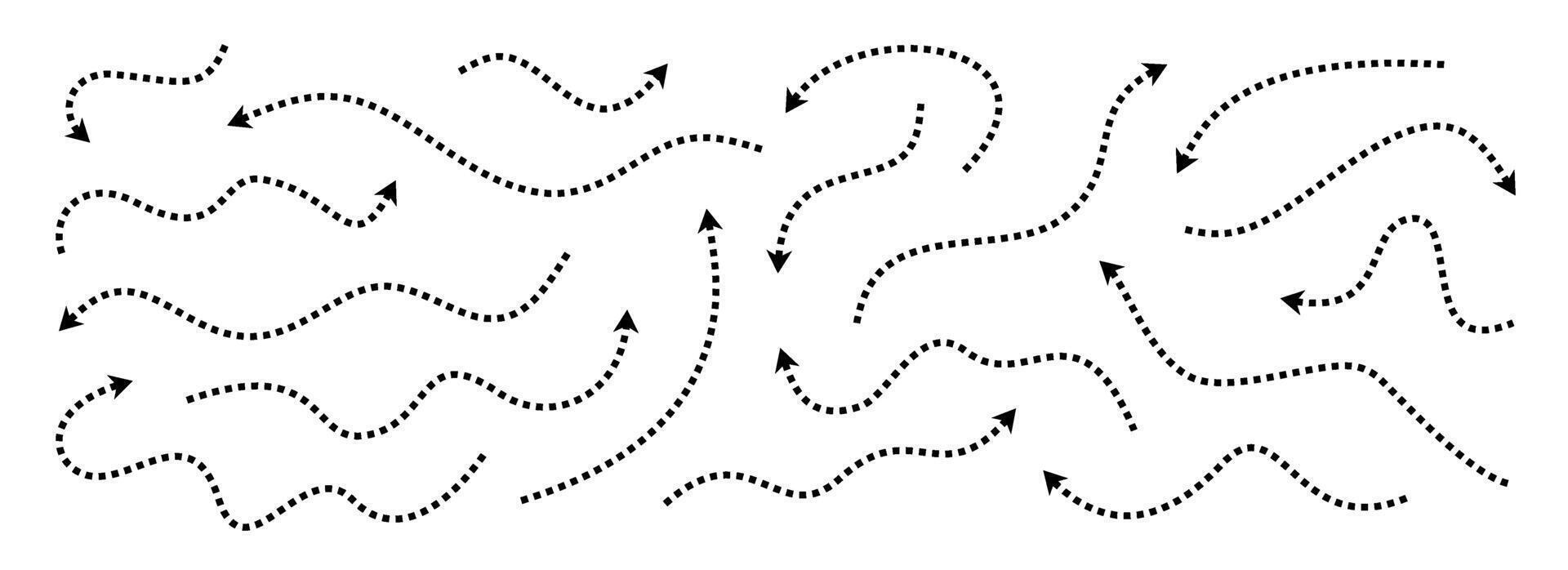 Black dotted thin arrows set. Wavy and curved dashed pointers collection. Wiggly sketchy direction lines. Dots squiggle stripe design elements bundle for flyer, poster, brochure. vector