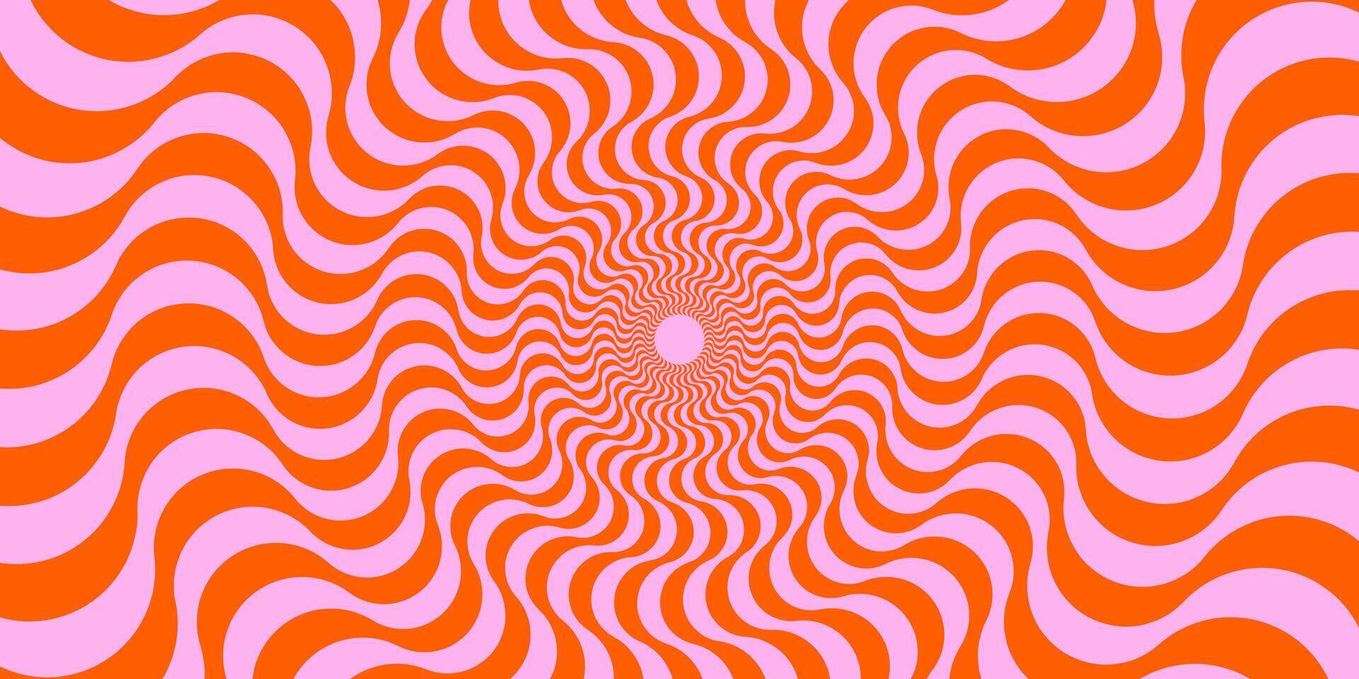 Optical illusion background. Red and pink abstract distorted wavy lines surface. Radial waves poster design. Trippy sunburst illusion wallpaper. Spinning hypnotic illustration vector