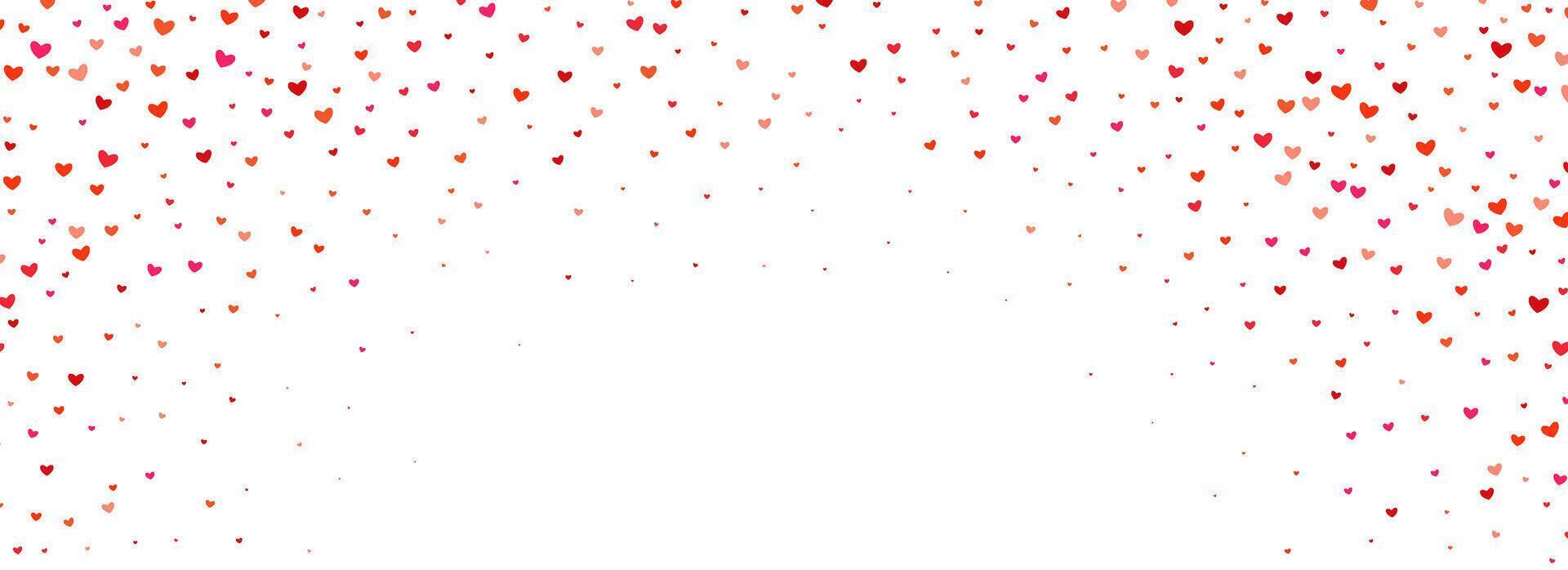 Falling down heart-shaped confetti pattern. Splashed pink and red heart glitter background. Romantic wallpaper for celebration Saint Valentines day, birthday, wedding party. vector