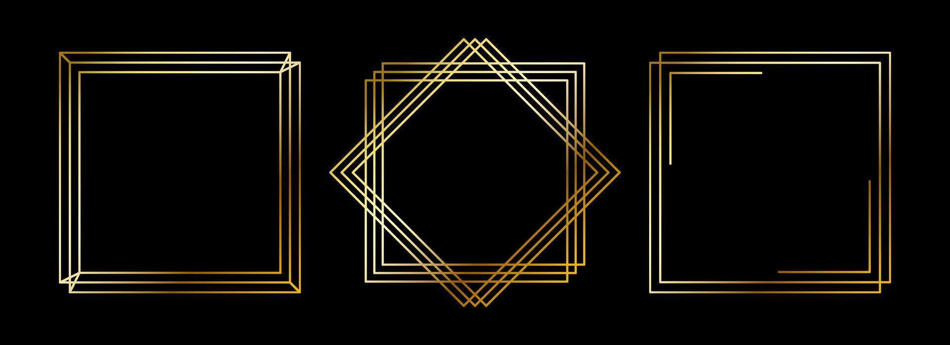 Gold thin frames set. Golden square borders in art deco style. Thin linear radiance rectangular element collection. Luxury shiny glowing boarder pack. Bundle for photo, cadre, poster, card, tag vector