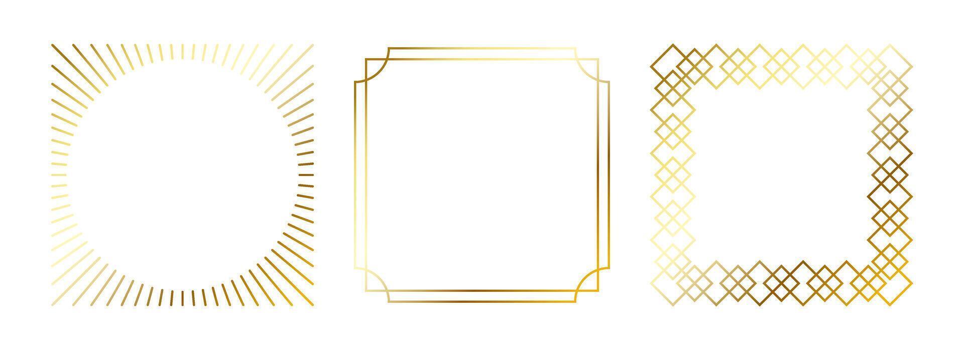 Golden thin frames set. Gold square borders in art deco style. Thin linear radiance rectangular elements collection. Yellow glowing shiny boarders pack. Bundle for photo, cadre, poster, card vector