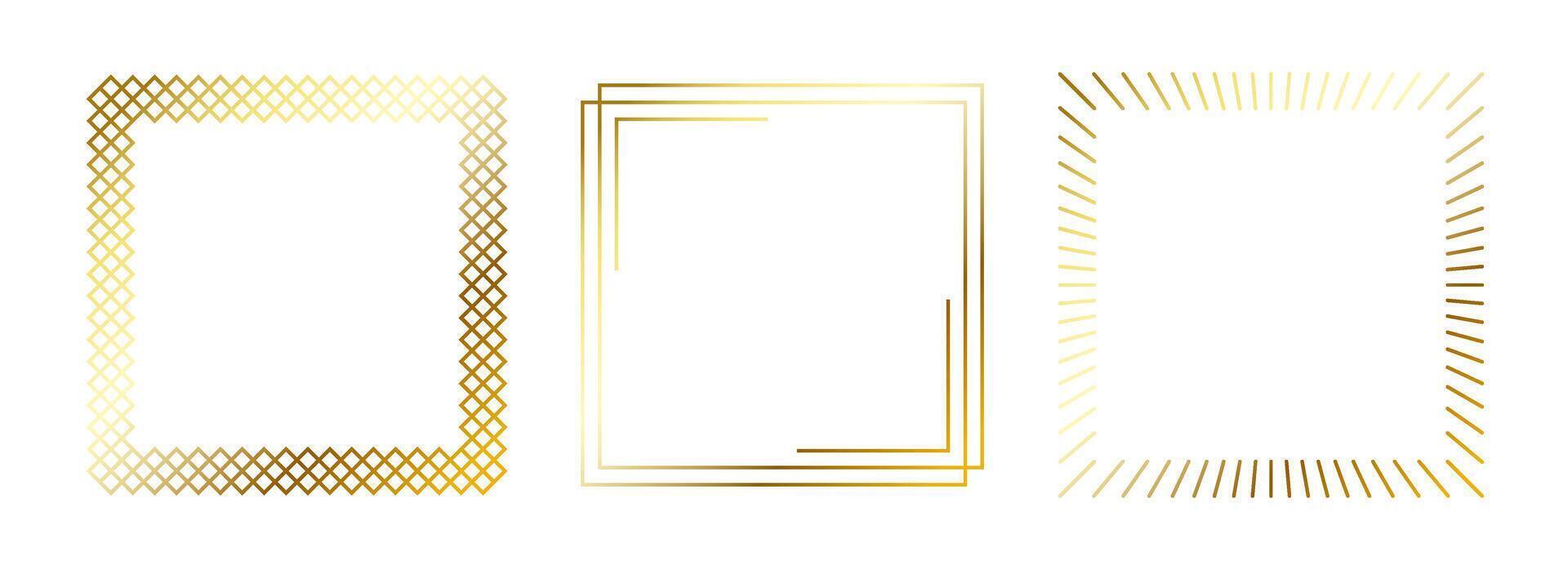 Golden thin frame set. Gold square borders in art deco style. Thin linear radiance rectangular element collection. Yellow glowing shiny boarder pack. Bundle for photo, cadre, poster, card vector