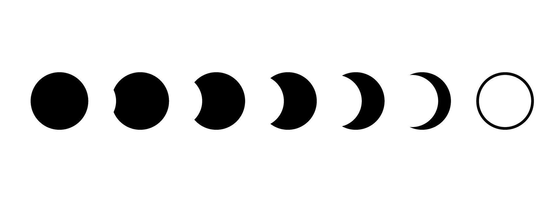 Full moon eclipse concept. Set of moon phases or stages. Total sun eclipse and lunar cycle. Black and white element collection for poster, banner, collage, brochure, cover, tattoo. vector
