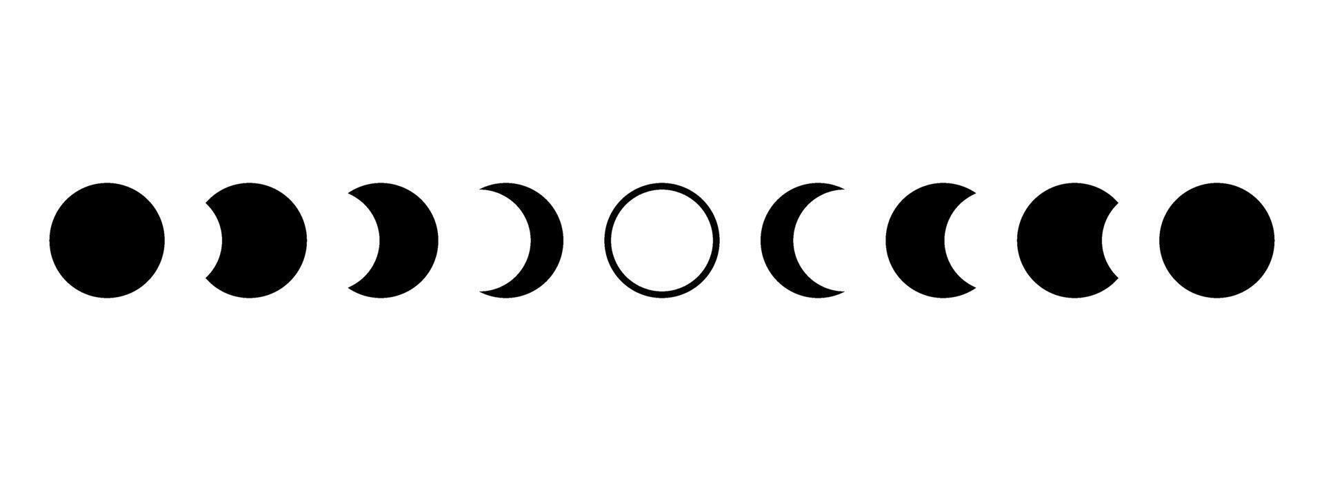 Full sun eclipse concept. Set of moon phases or stages. Total sun eclipse and lunar cycle. Black and white element for poster, banner, collage, brochure, cover, tattoo. vector