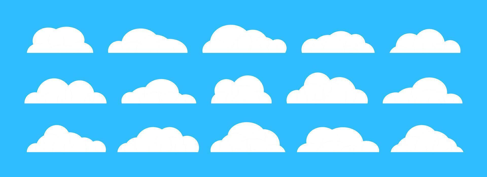 Empty cartoon cloud collection on blue background. Comic cloud shapes set for icon, poster, banner, label, badge, tag, logo, decoration. White blank speech bubble pack. Textbox claud bundle vector