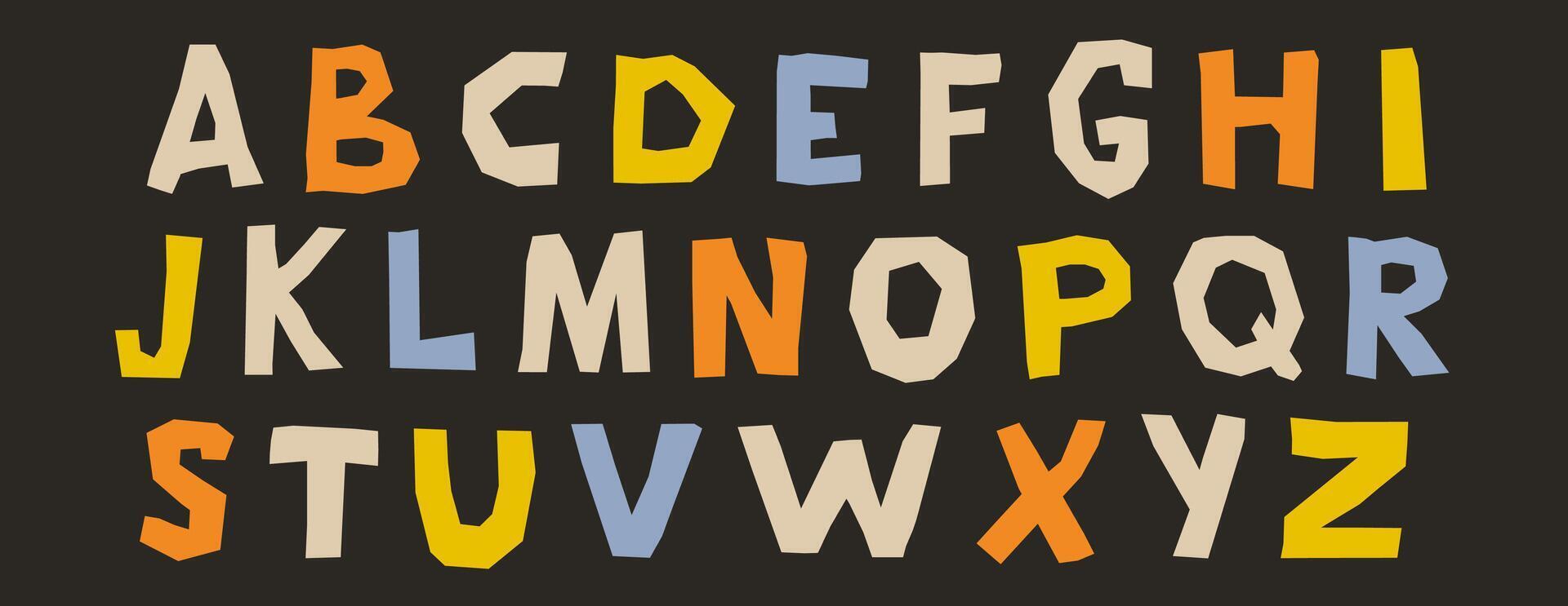 Paper cut out alphabet collection. Colorful capital letter collage set. Craft doodle kid font elements bundle for decoration, poster, banner, print. Ransom style uppercase abc pack vector