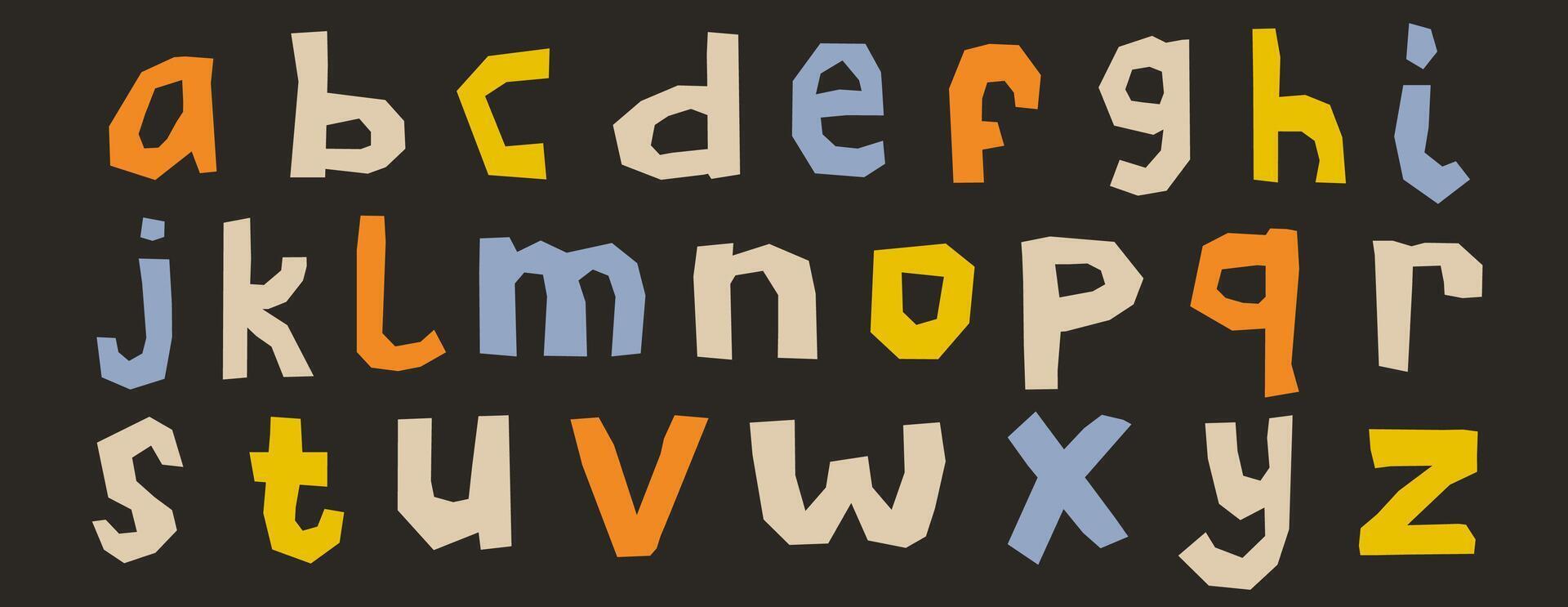 Paper cut out alphabet collection. Colorful small letter collage set. Craft doodle kid font elements bundle for decoration, poster, banner, print. Ransom style lowercase abc pack. vector