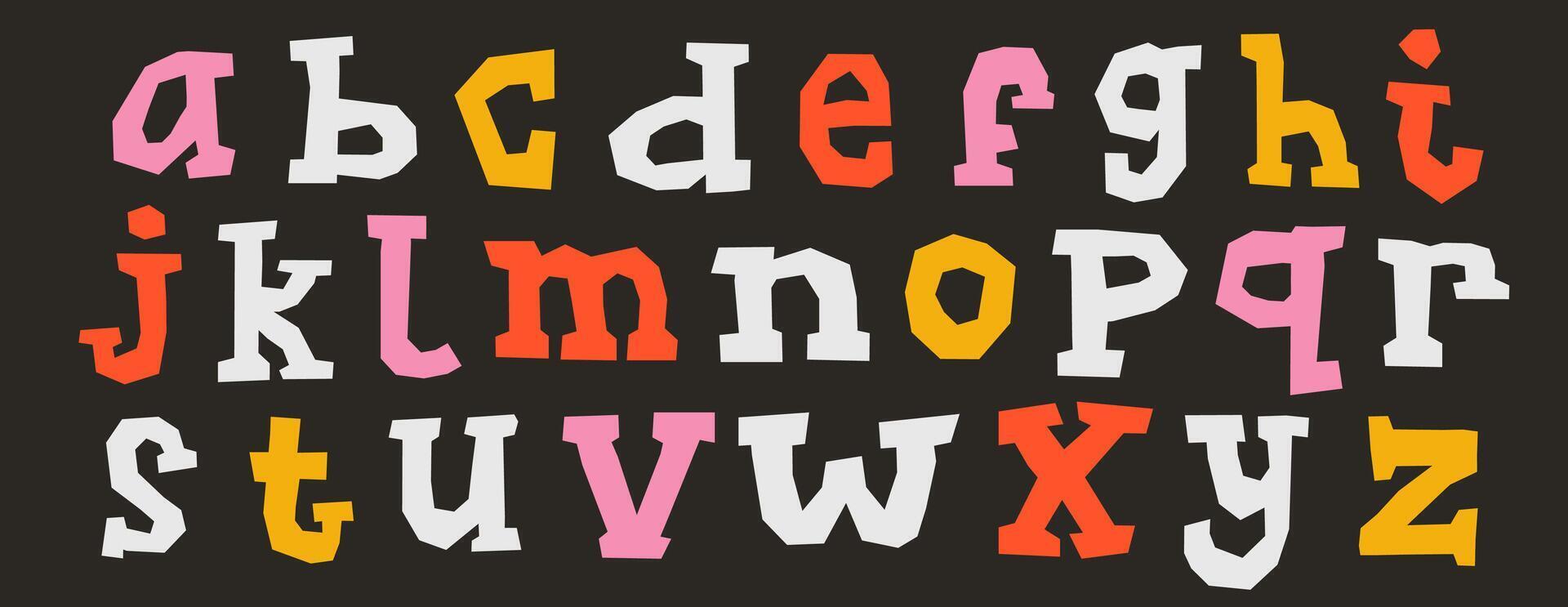 Paper cut out alphabet collection. Colorful serif letter collage set. Craft doodle kid font elements bundle for decoration, poster, banner, print. Ransom style lowercase abc pack. vector