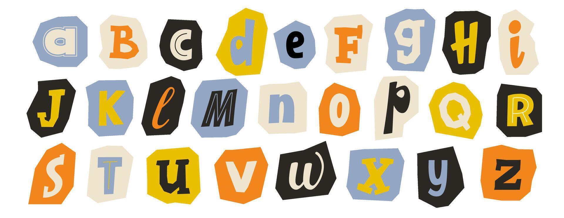 Cut out paper alphabet collection. Colorful different letter collage set. Cute craft doodle kid font elements bundle for decoration, poster, banner, print. Ransom blackmail style abc pack. vector