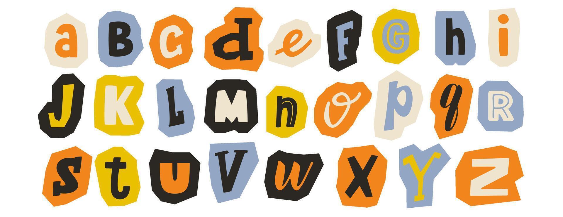 Paper cut out alphabet collection. Colorful different letter collage set. Cute craft doodle kid font elements bundle for decoration, poster, banner, print. Ransom style abc pack. vector