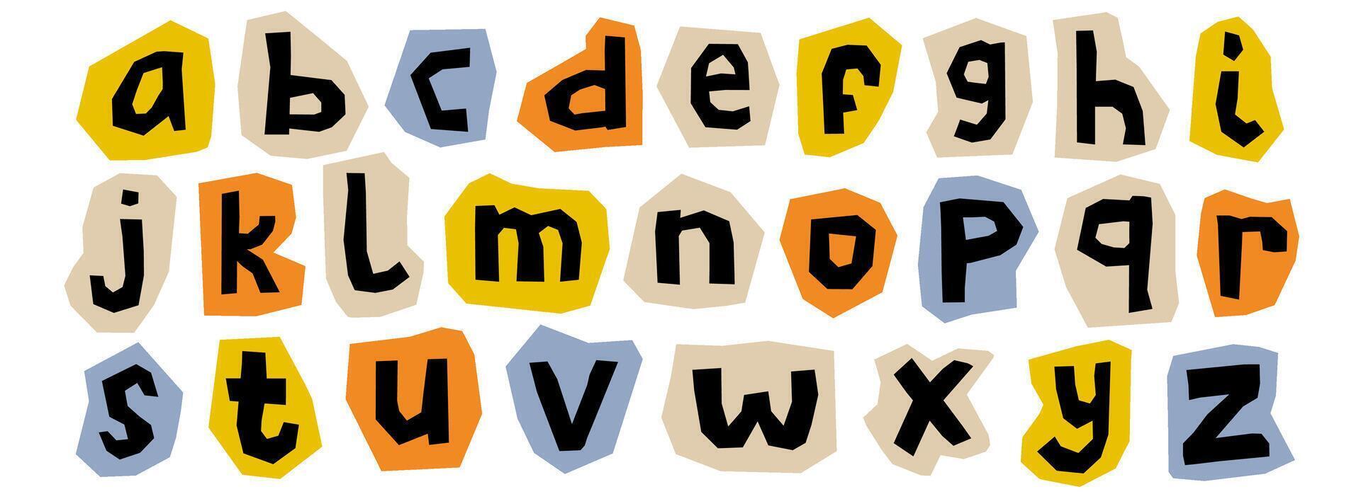 Paper cut out alphabet collection. Colorful capital letter collage set. Craft doodle kid font elements bundle for decoration, poster, banner, print. Ransom style lowercase abc pack. vector