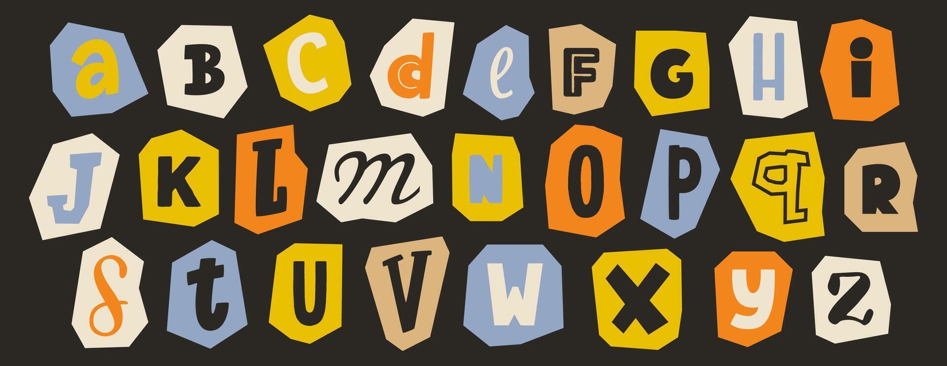 Cut out paper alphabet collection. Colorful different letter collage set. Cute craft doodle font element bundle for decoration, poster, banner, print. Playful ransom blackmail style abc pack vector