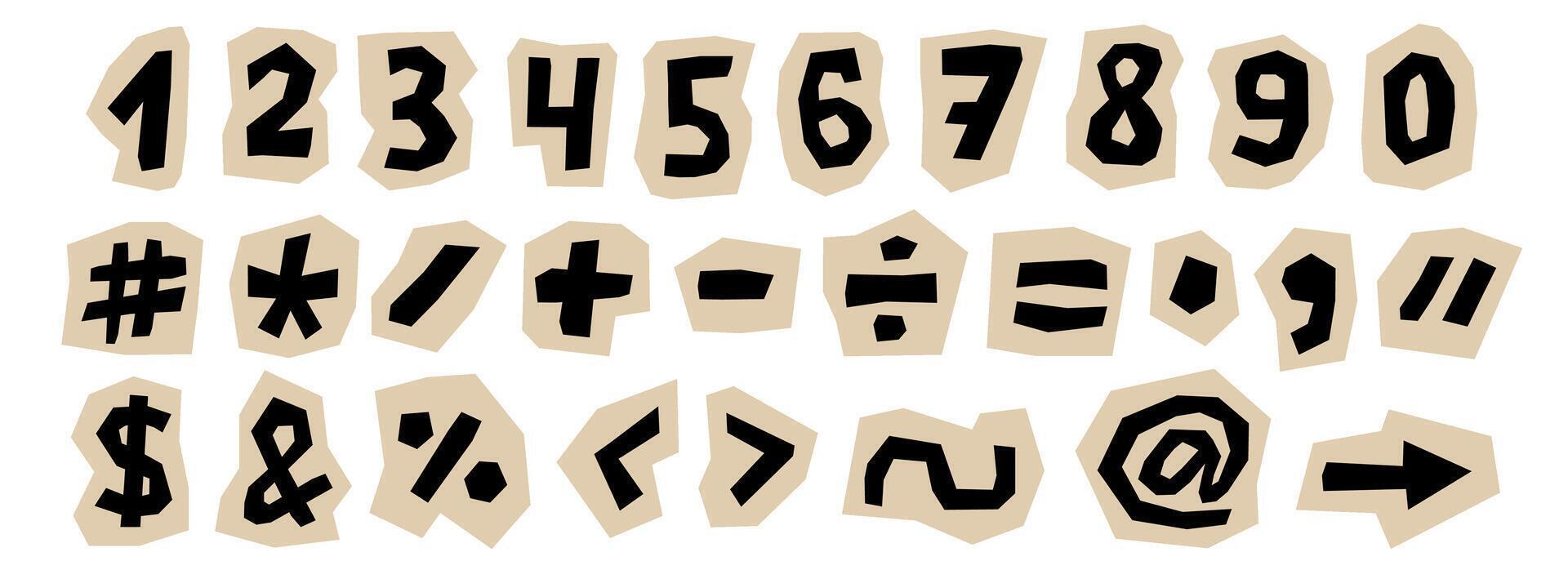 Paper cut out numbers and signs collection. Punctuation marks and characters collage set. Kid cut symbols, brackets, elements bundle for decoration, poster, banner, print. Ransom style pack vector
