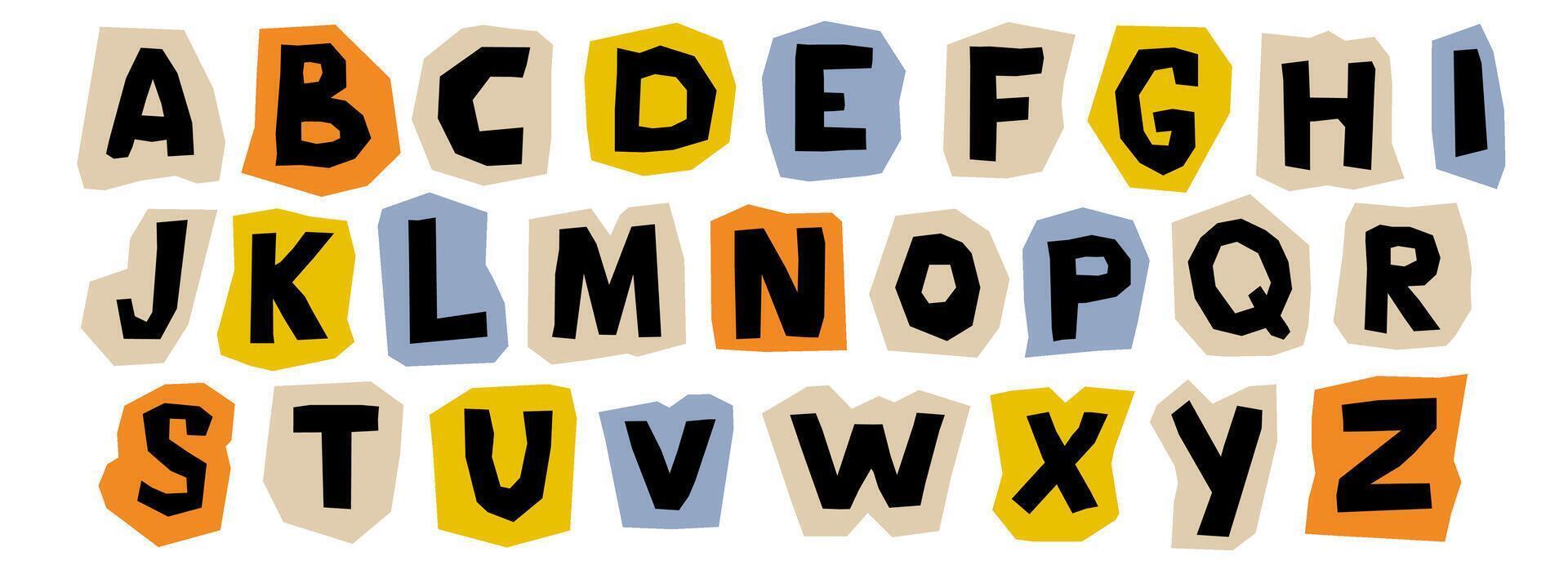 Paper cut out alphabet collection. Colorful capital letter collage piece set. Craft doodle kid font elements bundle for decoration, poster, banner, print. Ransom style uppercase abc pack. vector