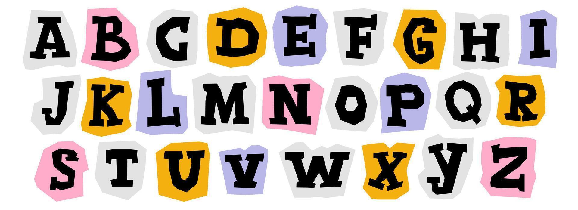 Paper cut out alphabet collection. Colorful capital serif letter collage set. Cute craft doodle kid font elements bundle for decoration, poster, banner, print. Ransom style uppercase abc pack. vector