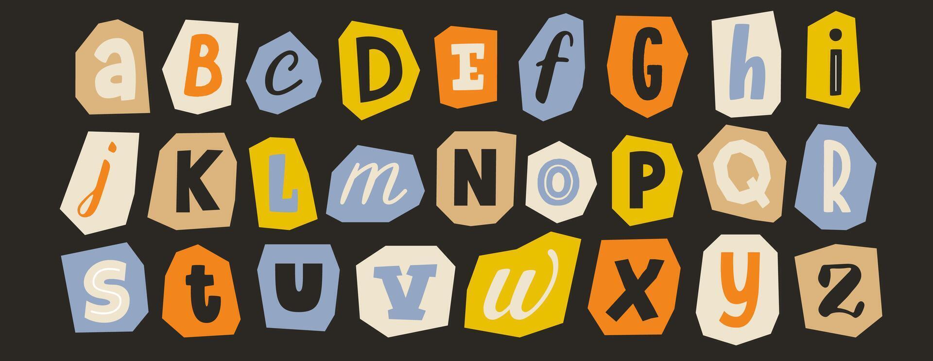 Cut out paper alphabet collection. Colored different letter collage set. Cute craft doodle font element bundle for decoration, poster, banner, print. Playful ransom blackmail style abc pack vector