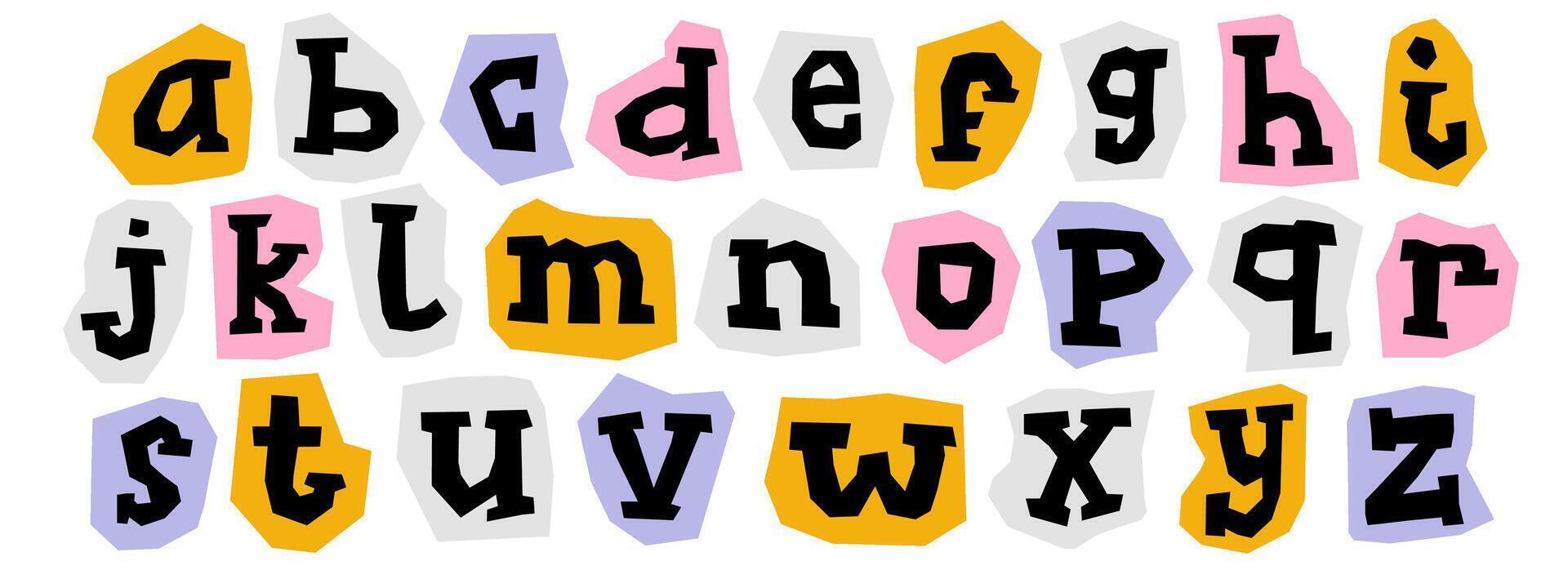 Cut out paper alphabet collection. Colorful serif lower case letter collage set. Craft doodle kid font elements bundle for decoration, poster, banner, print. Ransom style lowercase abc pack vector