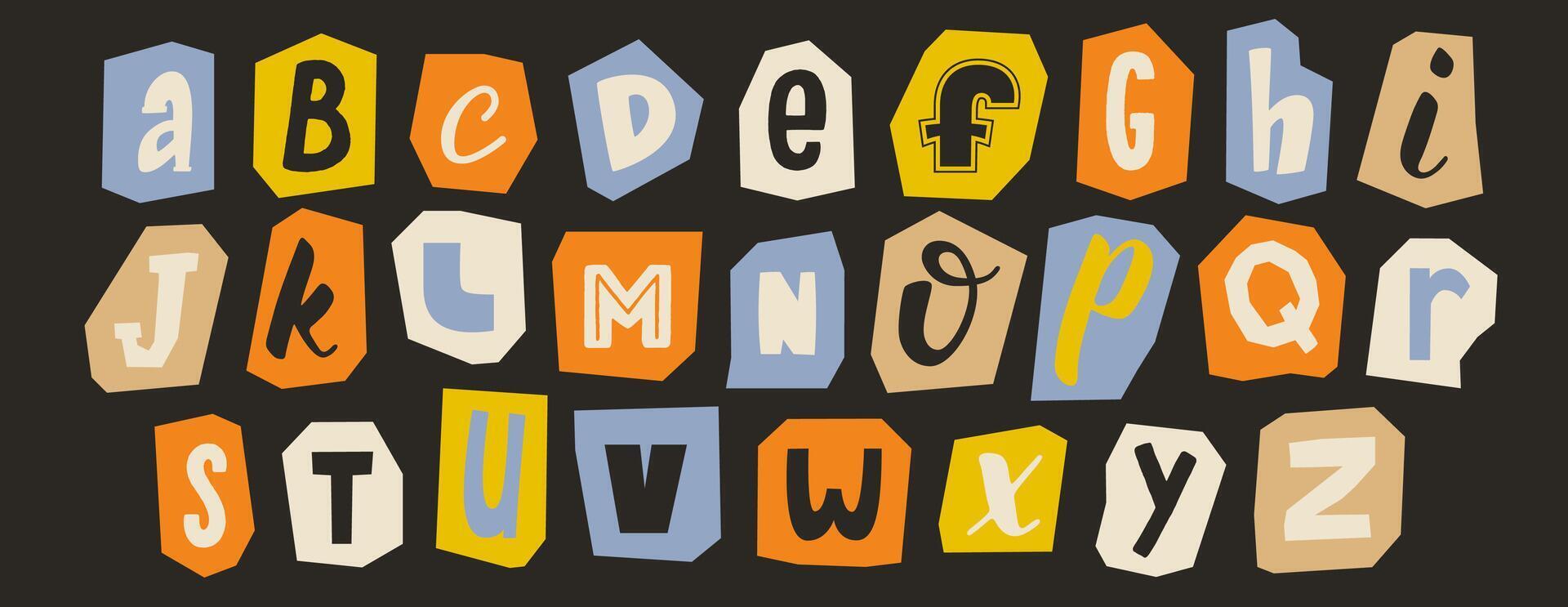 Cut out paper alphabet collection. Fade color different letter collage set. Cute craft doodle font element bundle for decoration, poster, banner, print. Playful ransom blackmail style abc pack vector