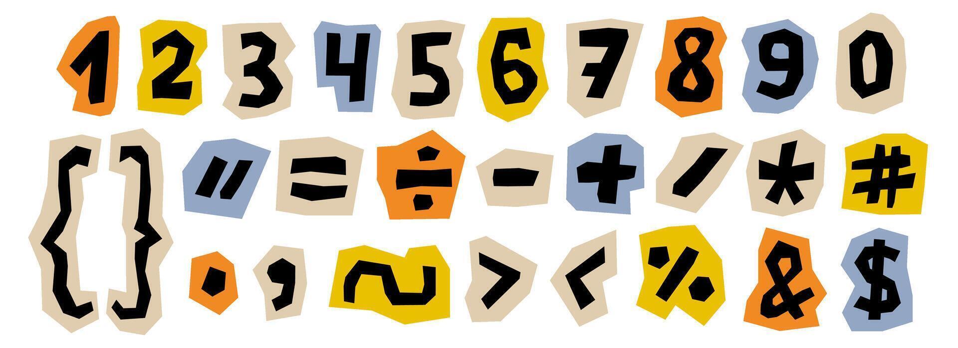 Paper cut out numbers and signs collection. Punctuation marks and characters collage set. Cut symbols, brackets, elements bundle for decoration, poster, banner, print. Colored ransom style pack vector