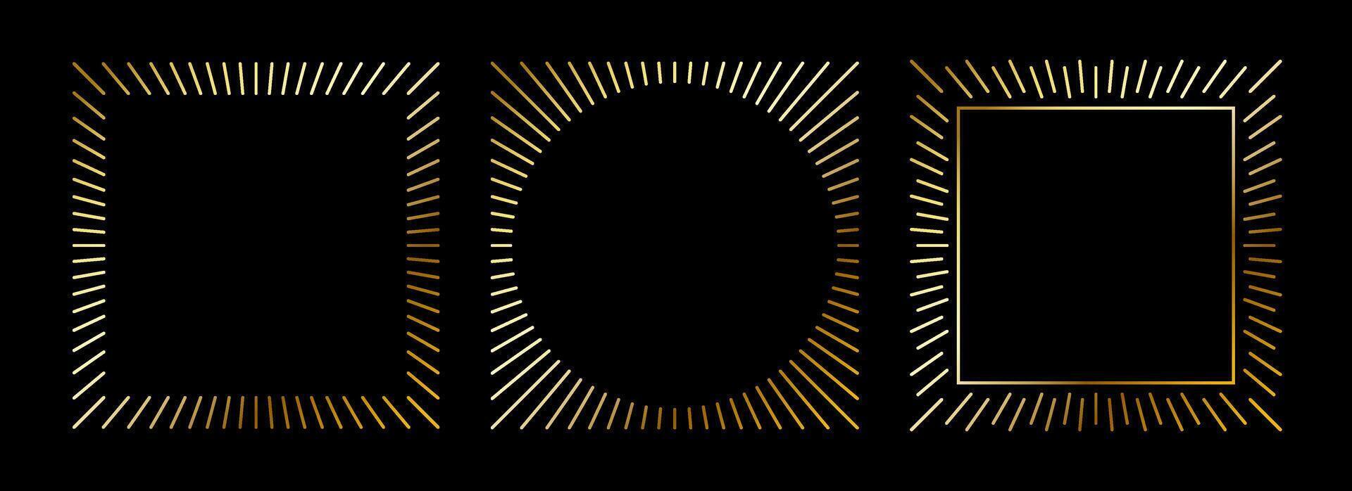 Golden thin frames set. Gold square borders in art deco style. Thin linear radiance rectangular element collection. Luxury glowing shiny boarder pack. Bundle for photo, cadre, poster, card vector