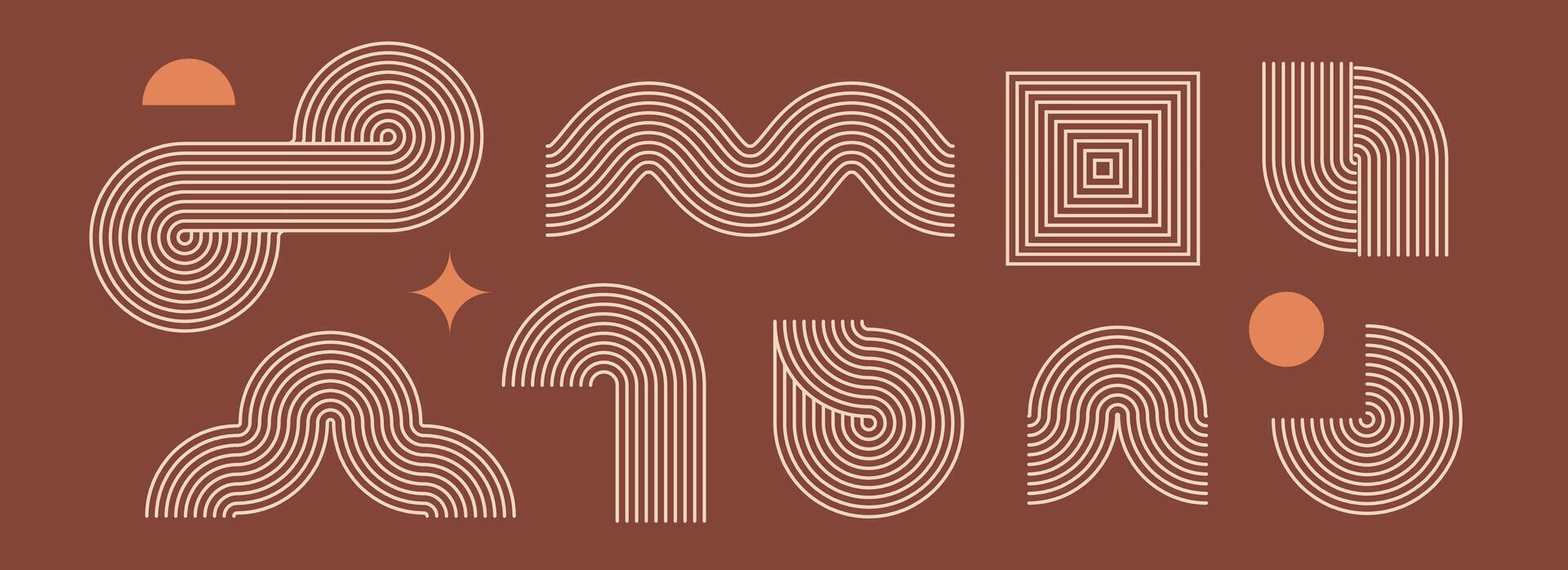 Boho linear element set. Brown beige wave and arch forms design. Mid century curves and arcs collection. Bohemian decorative ornamental shape bundle for badge, icon, poster, banner, template vector