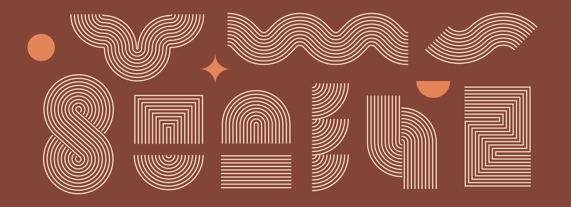 Boho line element set. Brown wave, zigzag and arch form design. Mid century curves and arcs collection. Bohemian decorative ornamental shape bundle for badge, icon, poster, banner, template. vector