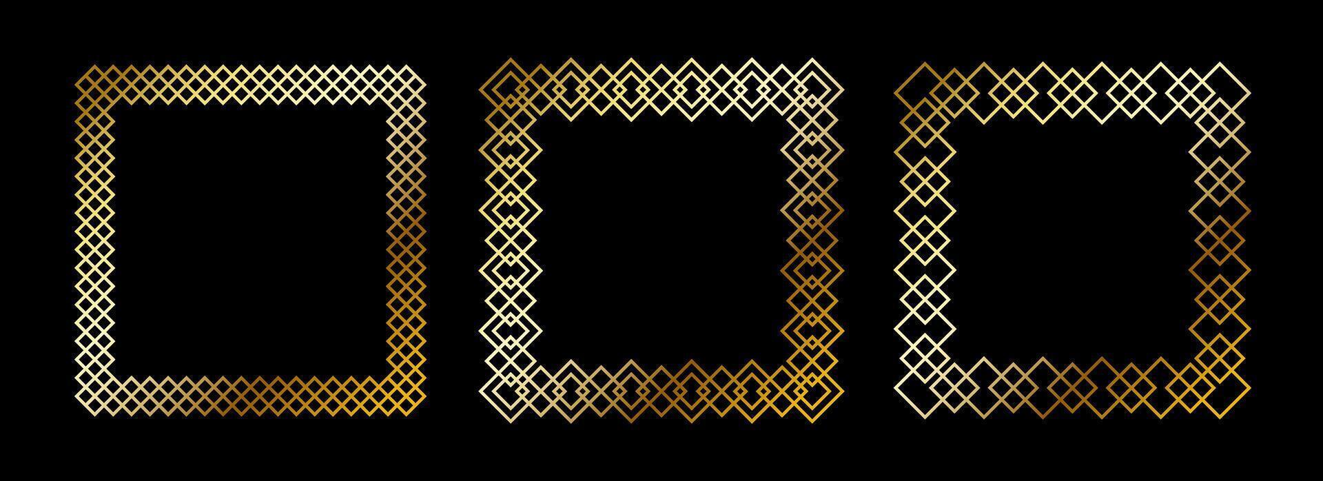 Gold thin frames set. Golden square borders in art deco style. Thin linear radiance rectangular element collection. Luxury shiny glowing boarder pack. Bundle for photo, cadre, poster, card vector