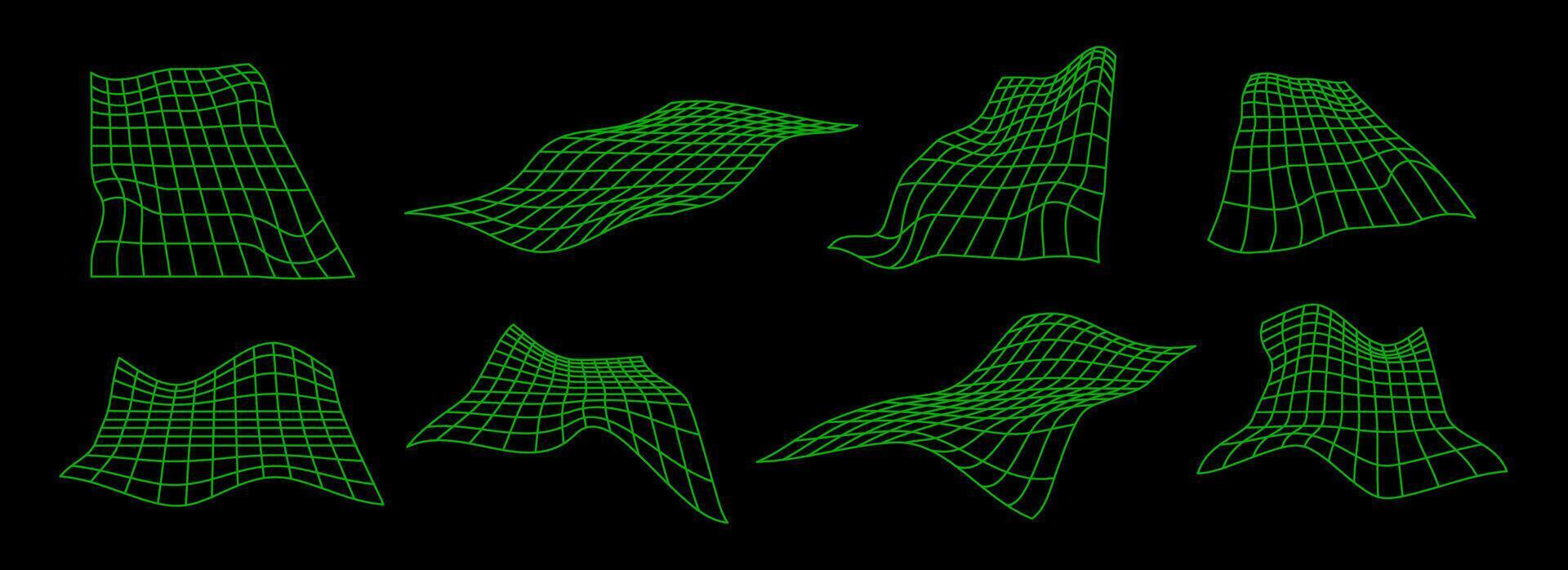 Green neon distorted grid set. Rippled wireframe collection. Glitch wavy rectangle plane bundle. Geometric futuristic elements for poster, flyer, collage, template. Abstract mash surface vector