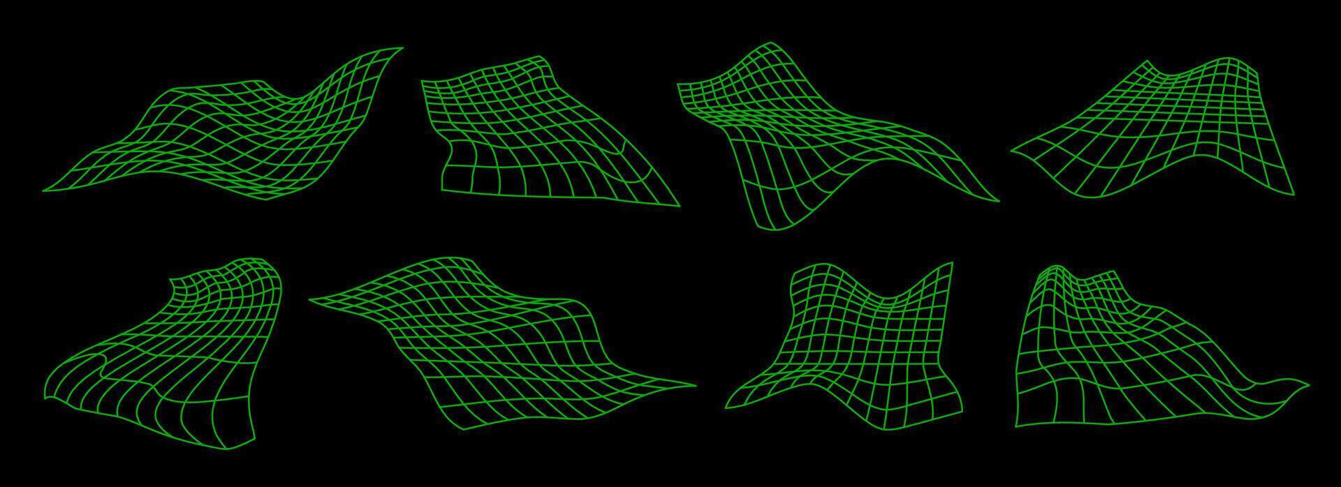 Green neon distorted grid set. Rippled wireframe collection. Glitch wavy rectangle plane bundle. Geometric futuristic element pack for poster, flyer, collage, template. Abstract mesh surface vector
